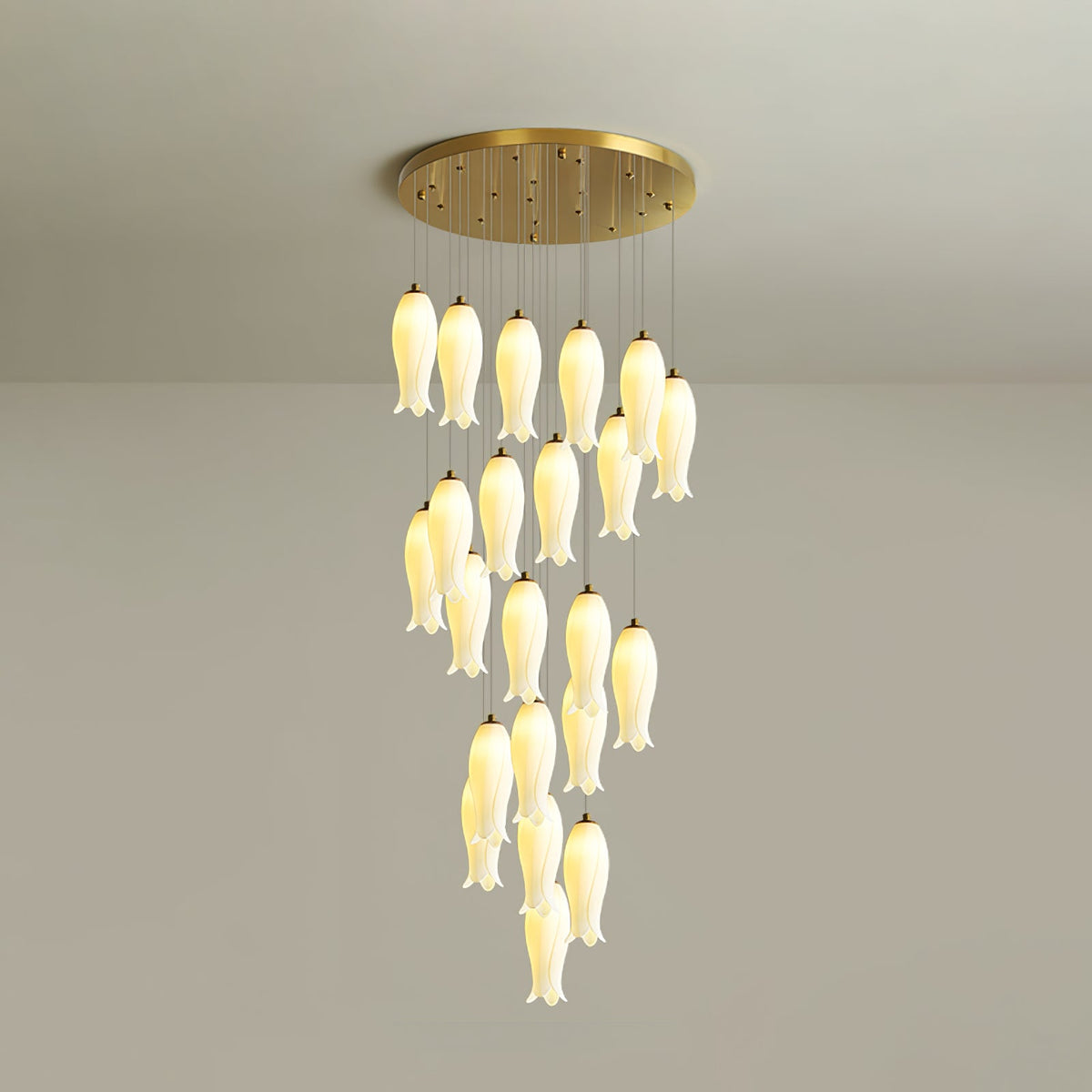Luma Flora Stairs Chandelier – Cascading Ceramic Petal Light for Grand Interiors