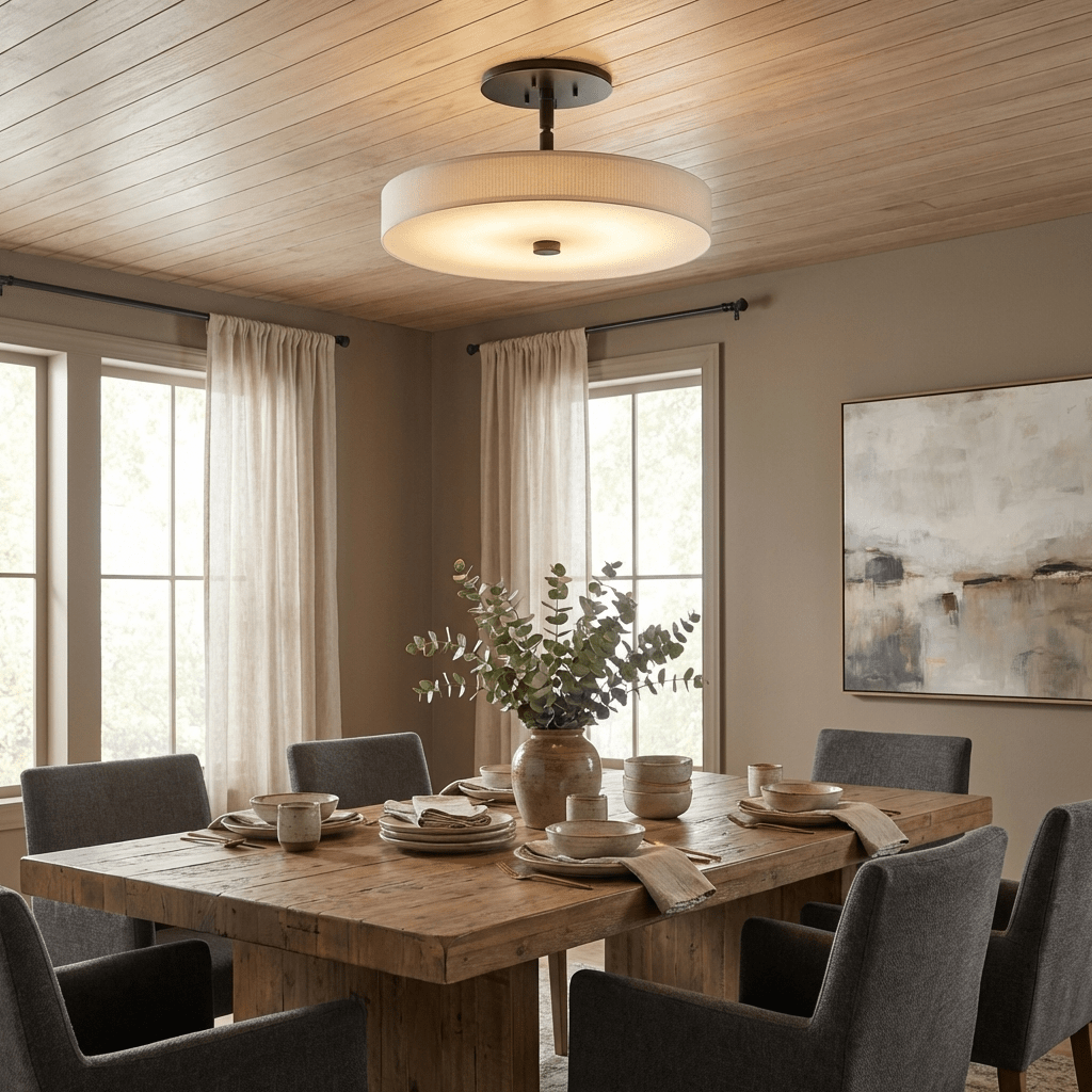 Luma Linen Drum Semi-Flush Ceiling Light in Black and White