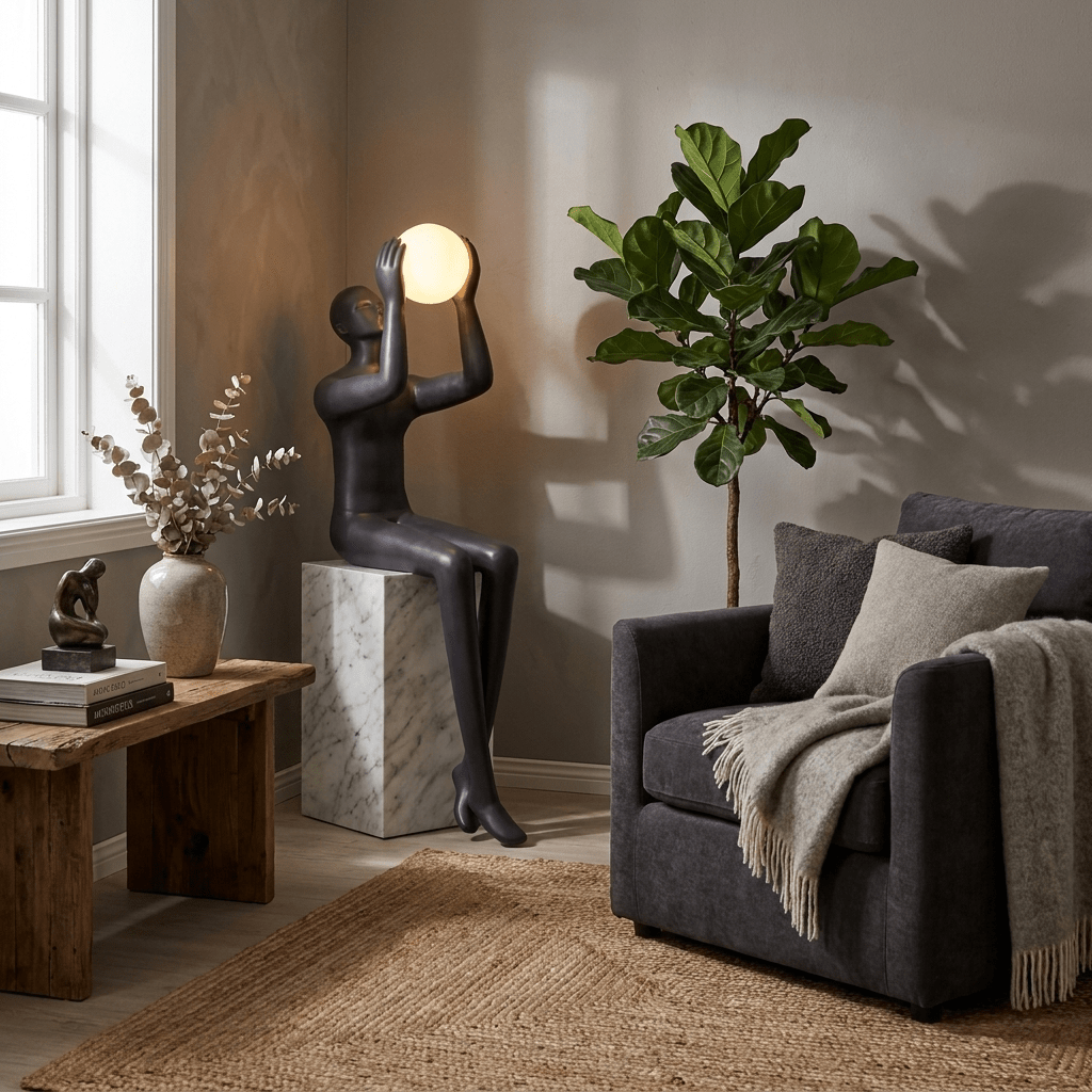 Sculptural Matte Black Floor Lamp with Marble Base and Glowing Orb