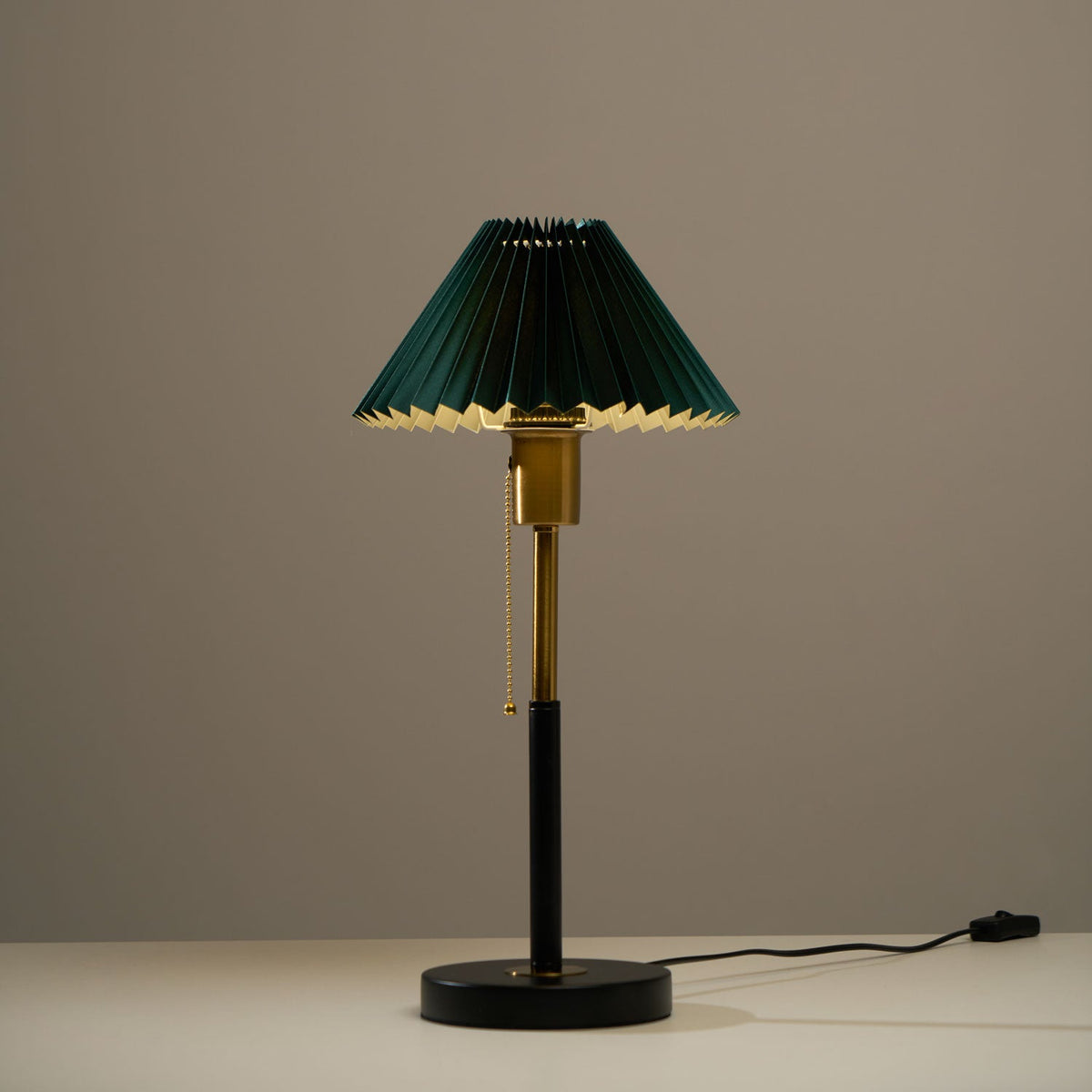 Lumi Pleated Table Lamp – Velvet Shade, Brass & Black Metal Base