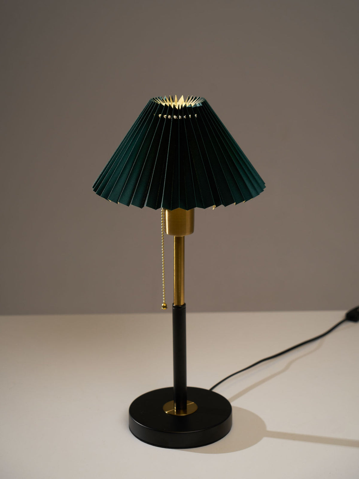 Lumi Pleated Table Lamp – Velvet Shade, Brass & Black Metal Base