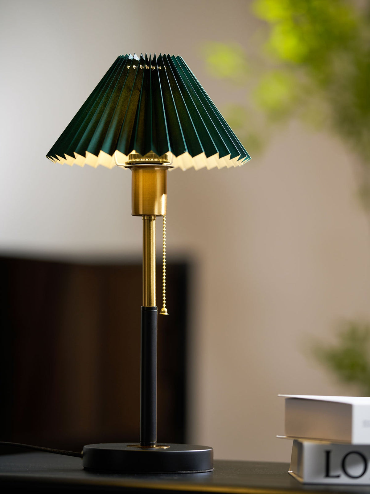 Lumi Pleated Table Lamp – Velvet Shade, Brass & Black Metal Base