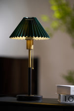 Lumi Pleated Table Lamp – Velvet Shade, Brass & Black Metal Base