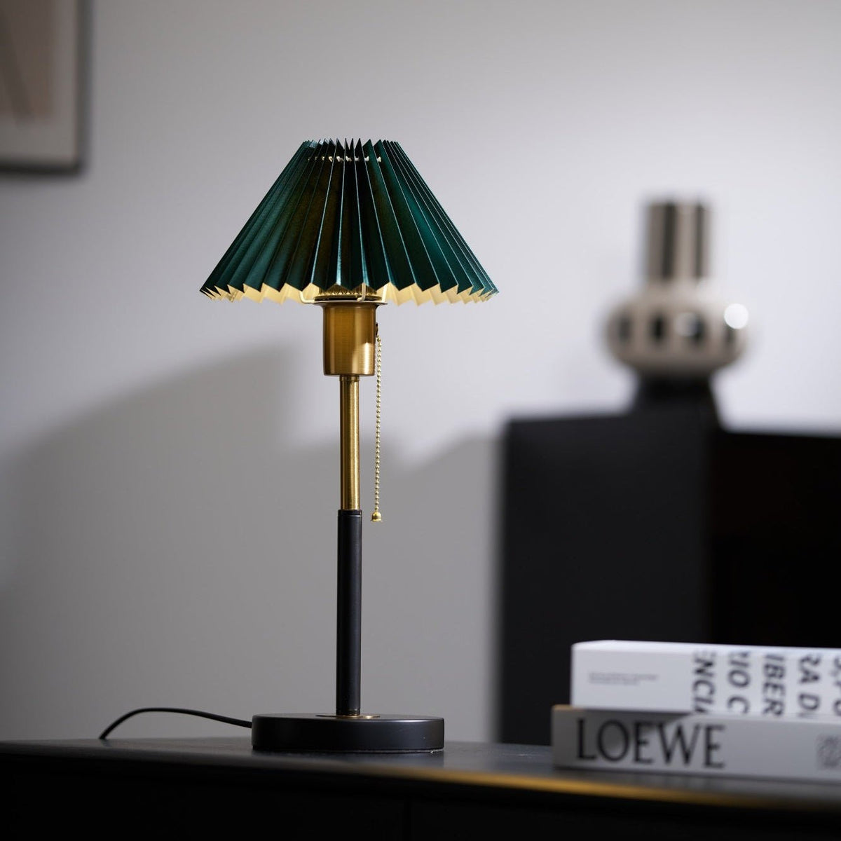 Lumi Pleated Table Lamp – Velvet Shade, Brass & Black Metal Base