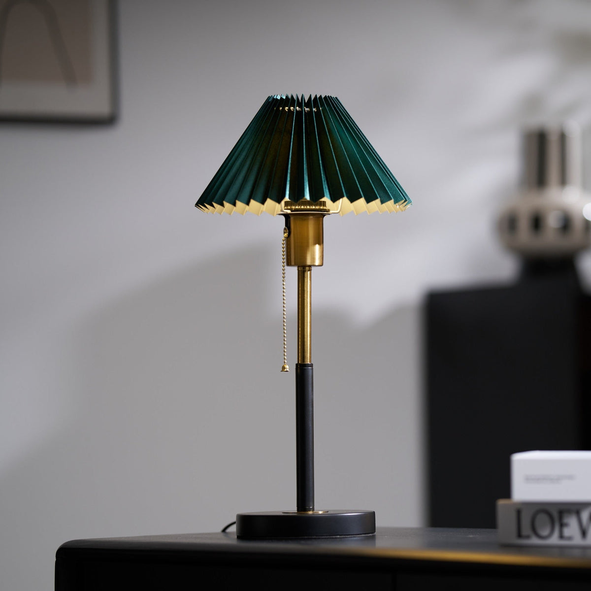 Lumi Pleated Table Lamp – Velvet Shade, Brass & Black Metal Base