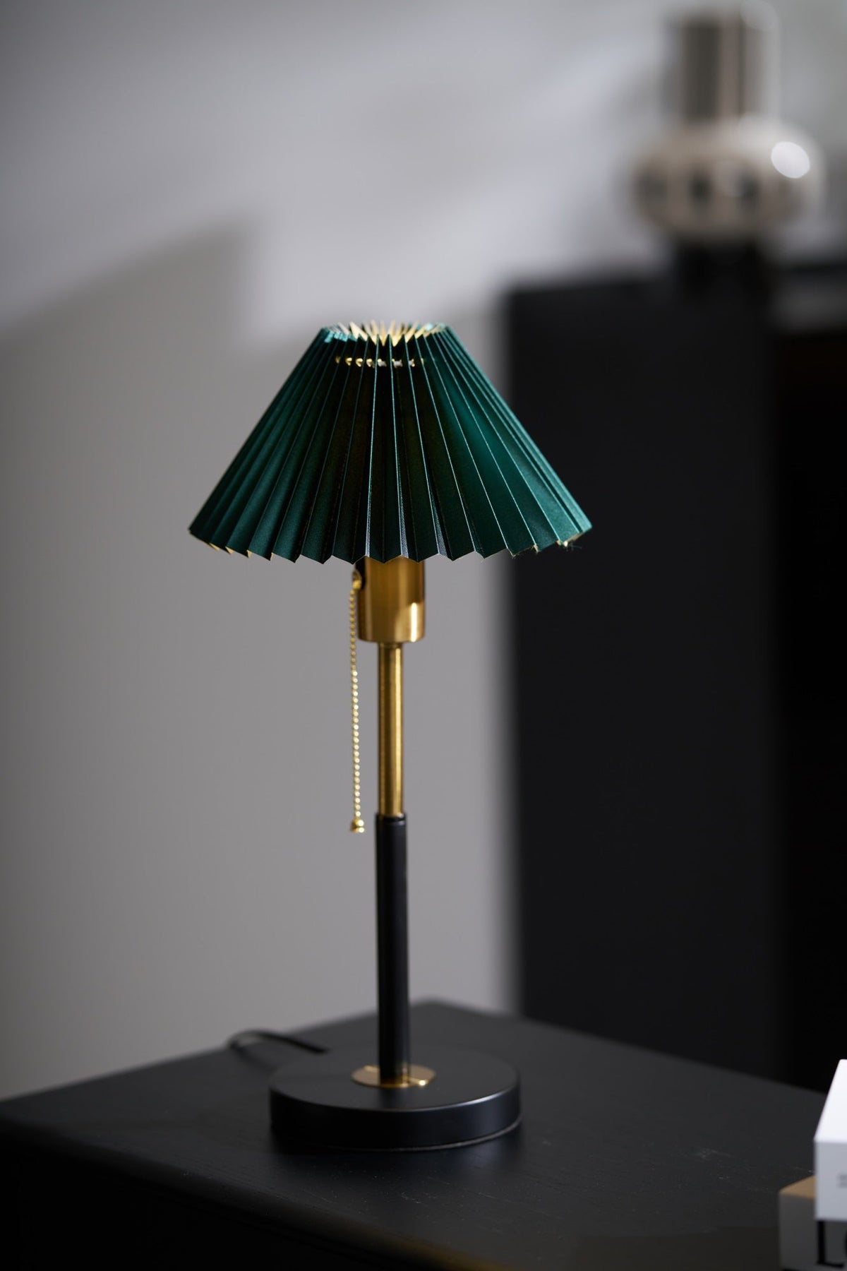 Lumi Pleated Table Lamp – Velvet Shade, Brass & Black Metal Base