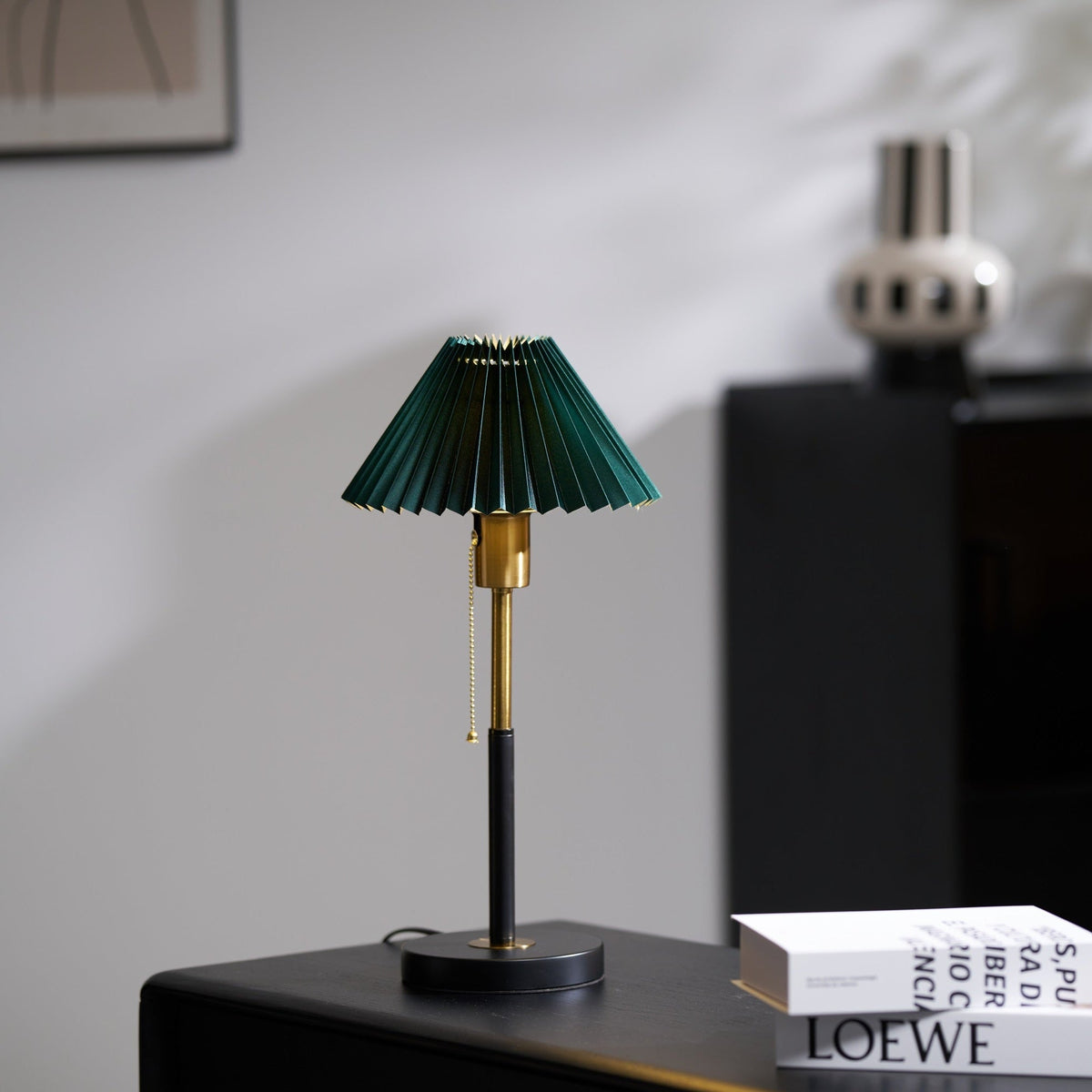 Lumi Pleated Table Lamp – Velvet Shade, Brass & Black Metal Base