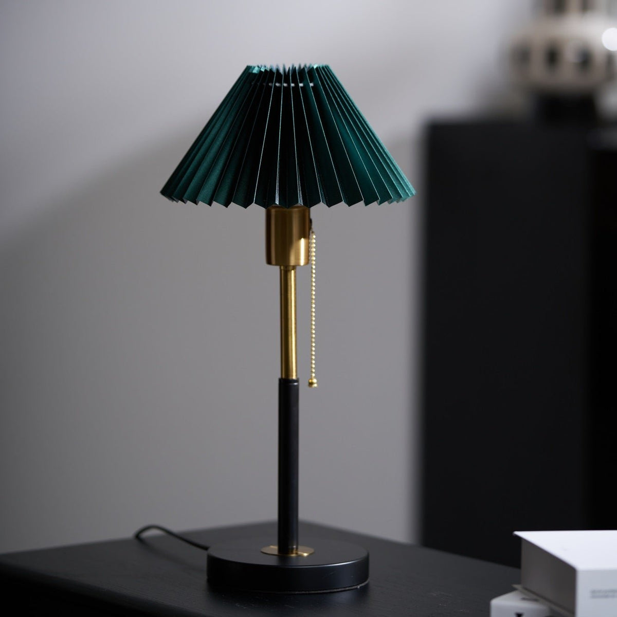 Lumi Pleated Table Lamp – Velvet Shade, Brass & Black Metal Base