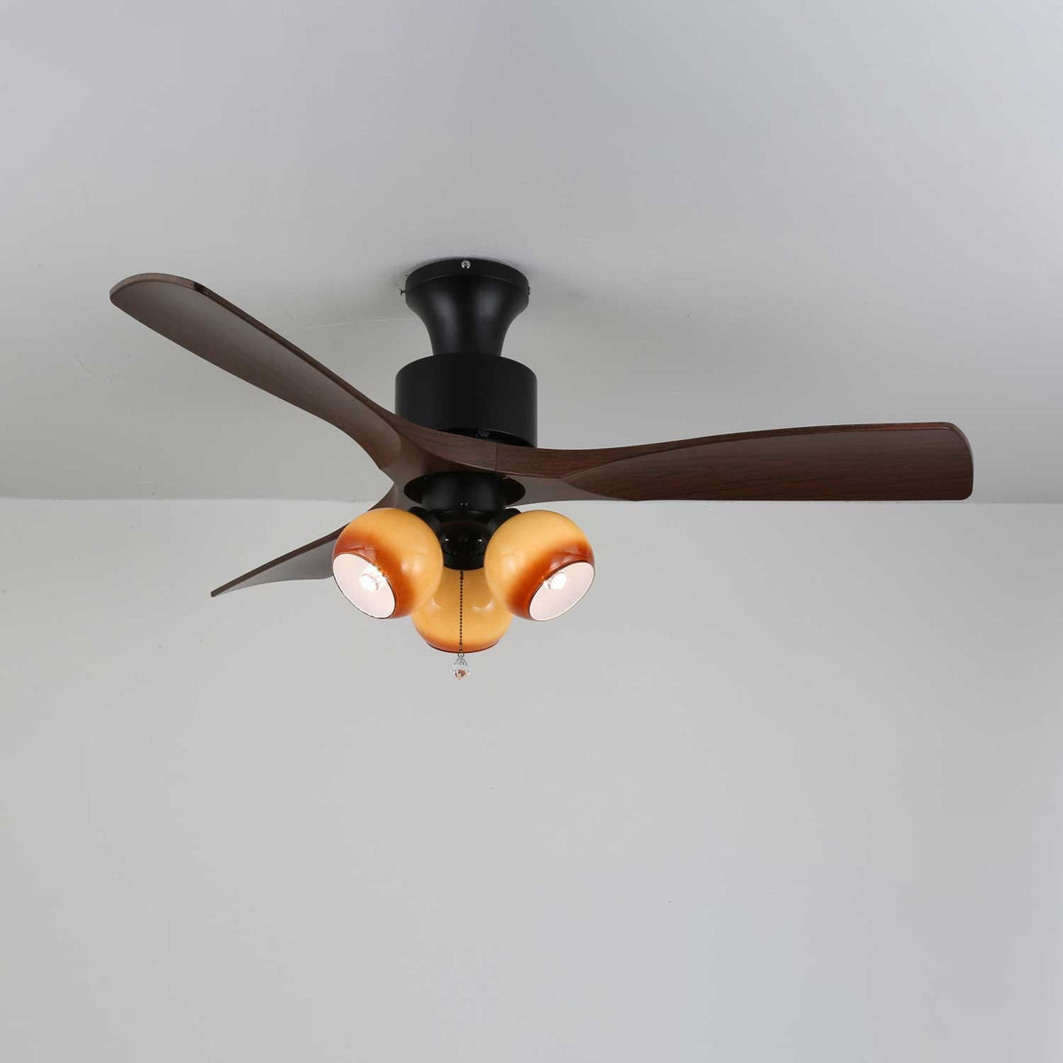 Lumo Orb Ceiling Fan Light with Amber Glass Globes and Walnut Blades
