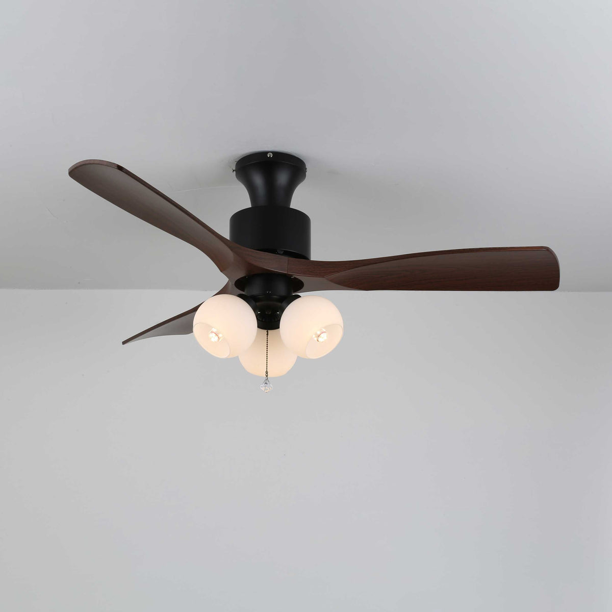 Lumo Orb Ceiling Fan Light with Amber Glass Globes and Walnut Blades