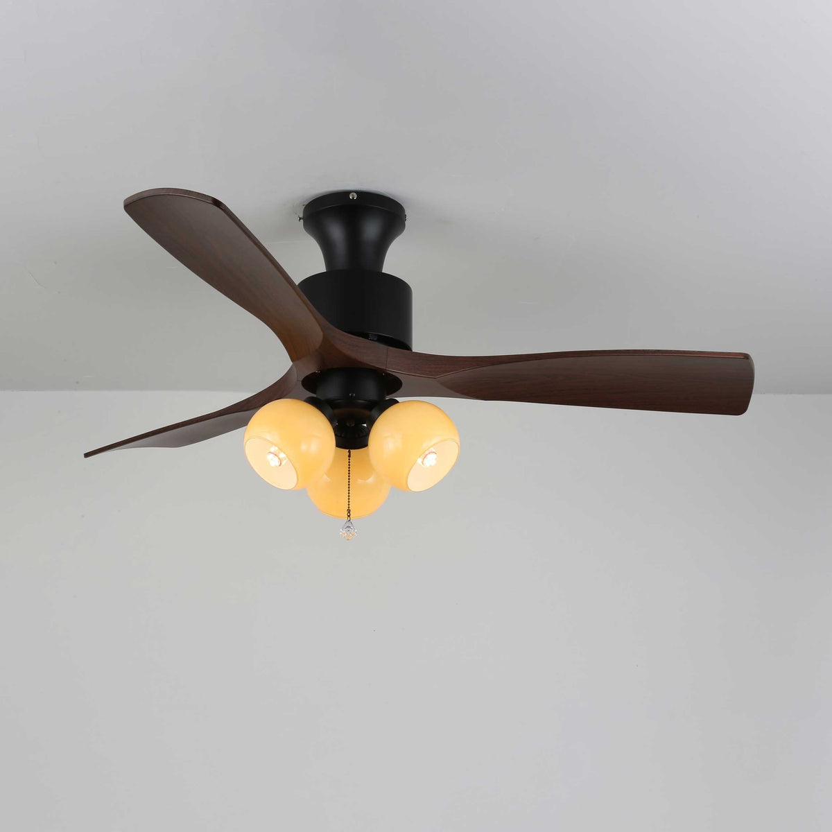 Lumo Orb Ceiling Fan Light with Amber Glass Globes and Walnut Blades