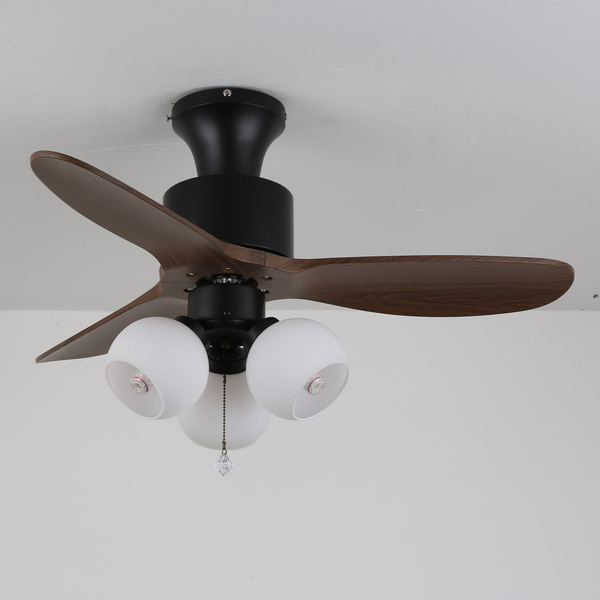 Lumo Orb Ceiling Fan Light with Amber Glass Globes and Walnut Blades