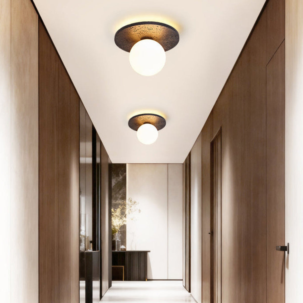 Luna Eruption Flush Mount Ceiling Light in Black Travertine and Opal Glass
