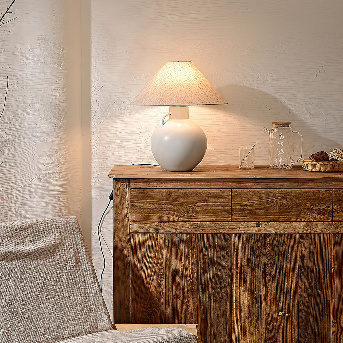 Luna Jug Ceramic Table Lamp with Beige Fabric Shade for Bedroom and Living Room