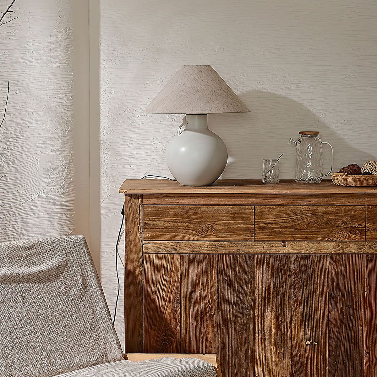 Luna Jug Ceramic Table Lamp with Beige Fabric Shade for Bedroom and Living Room