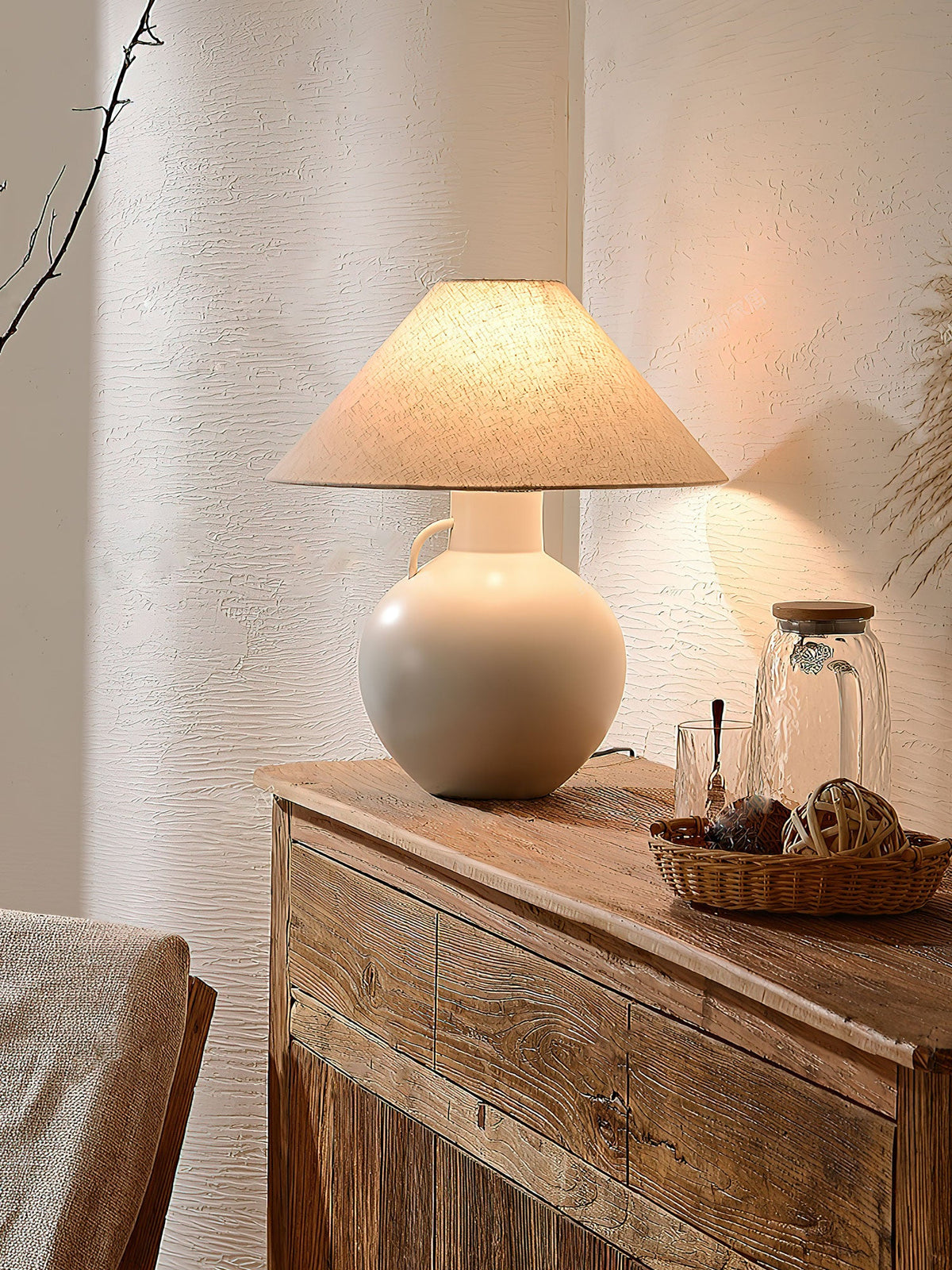 Luna Jug Ceramic Table Lamp with Beige Fabric Shade for Bedroom and Living Room