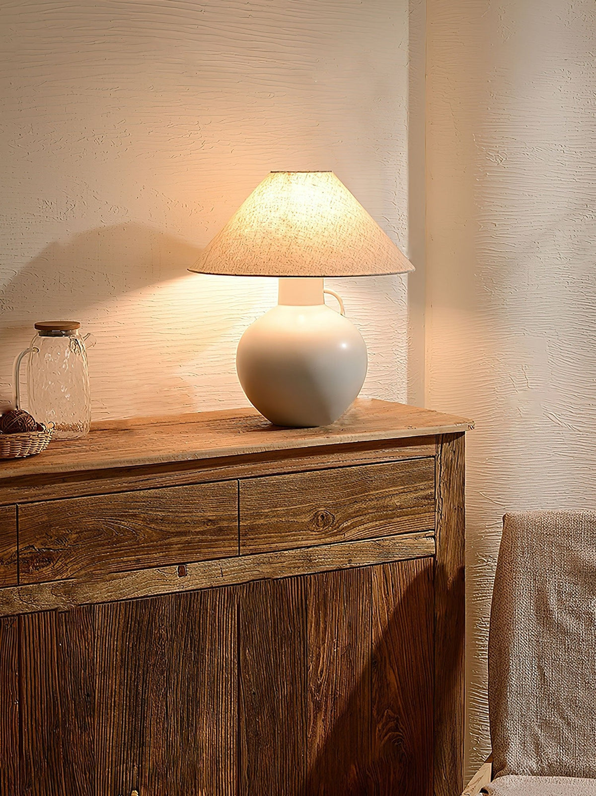 Luna Jug Ceramic Table Lamp with Beige Fabric Shade for Bedroom and Living Room