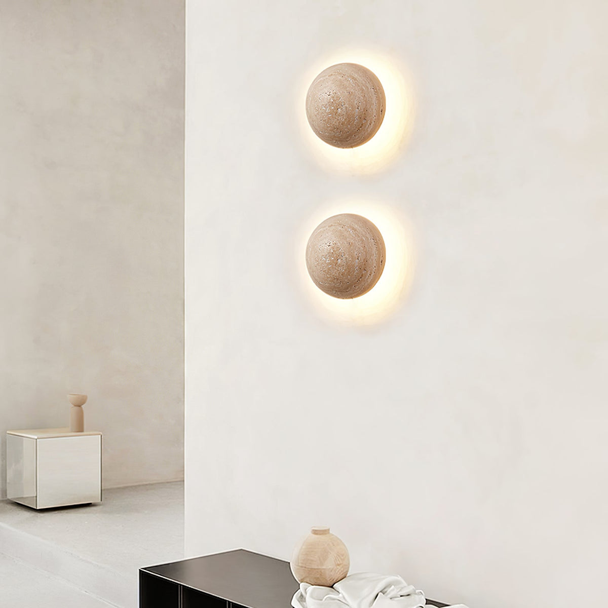 Luna Travertine Wall Sconce – Natural Stone LED Wall Light for Modern Interiors