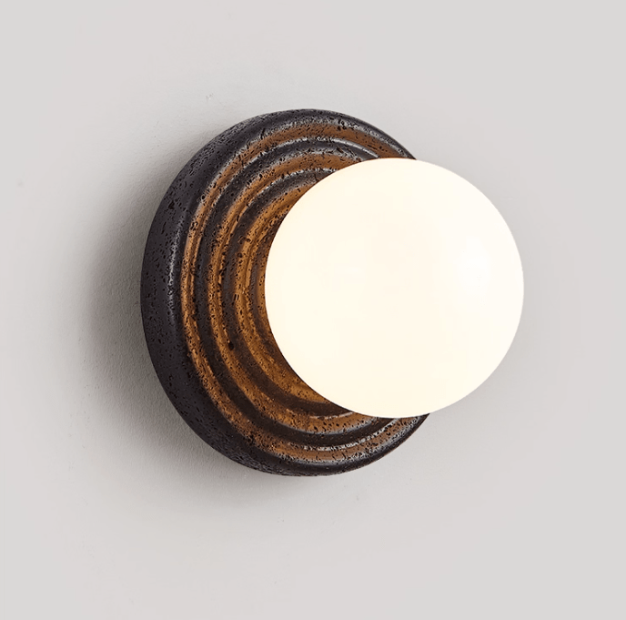 Lunara Black Travertine Wall Sconce with Opal Glass Globe