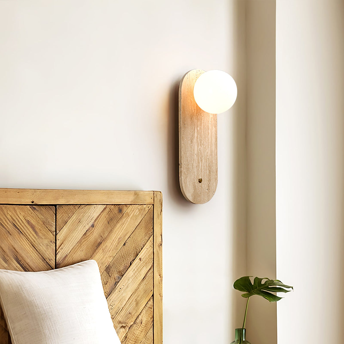Luna Travertine Wall Sconce — Natural Stone & Glass Ambient Light