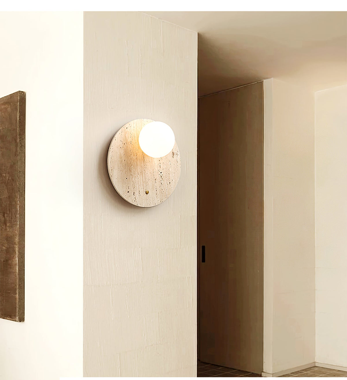 Luna Travertine Wall Sconce — Natural Stone & Glass Ambient Light