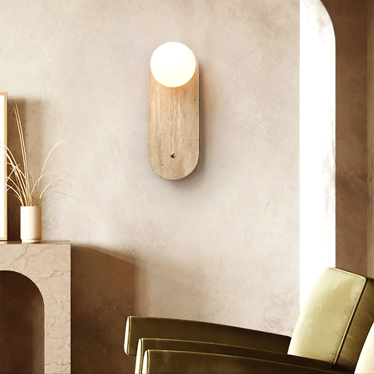 Luna Travertine Wall Sconce — Natural Stone & Glass Ambient Light