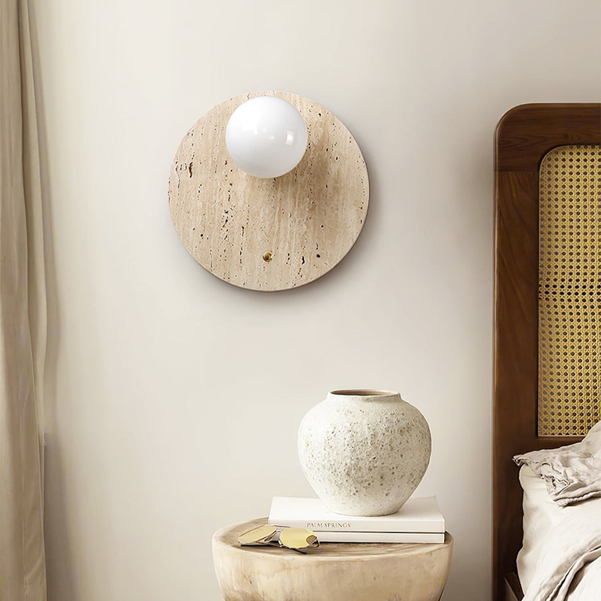Luna Travertine Wall Sconce — Natural Stone & Glass Ambient Light