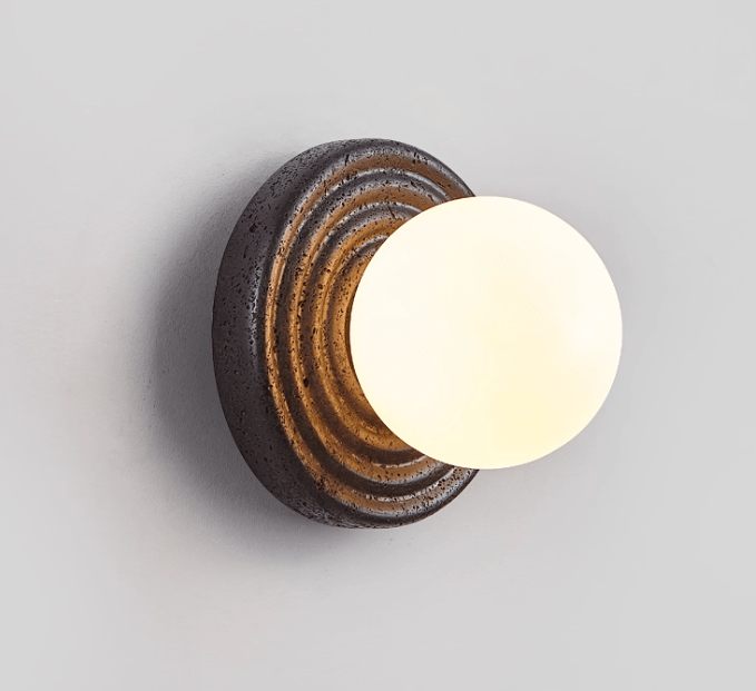 Lunara Black Travertine Wall Sconce with Opal Glass Globe