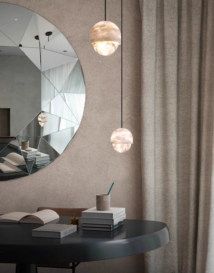 Lunar Dome Alabaster Pendant Light – Modern Minimalist Ceiling Lamp