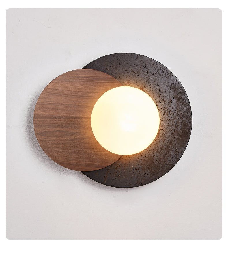 Lunar Embrace Wall Sconce — Black Travertine & Walnut with Opal Glass Globe