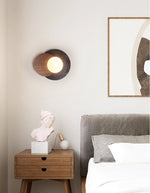 Lunar Embrace Wall Sconce — Black Travertine & Walnut with Opal Glass Globe