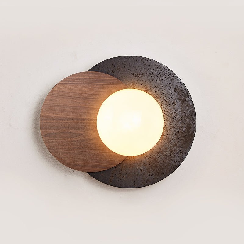 Lunar Embrace Wall Sconce — Black Travertine & Walnut with Opal Glass Globe