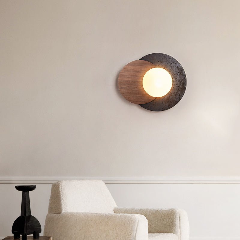 Lunar Embrace Wall Sconce — Black Travertine & Walnut with Opal Glass Globe