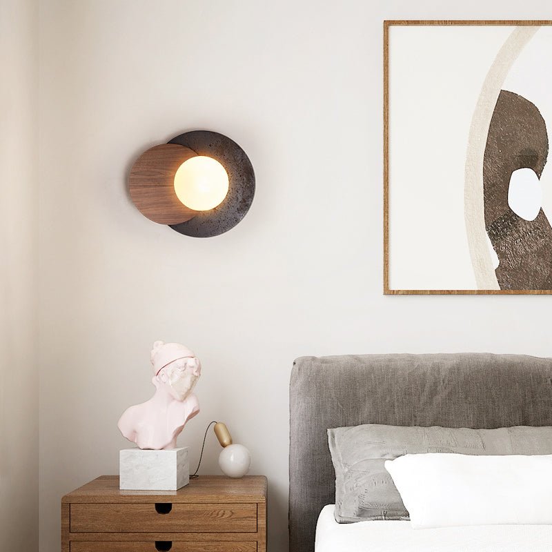 Lunar Embrace Wall Sconce — Black Travertine & Walnut with Opal Glass Globe