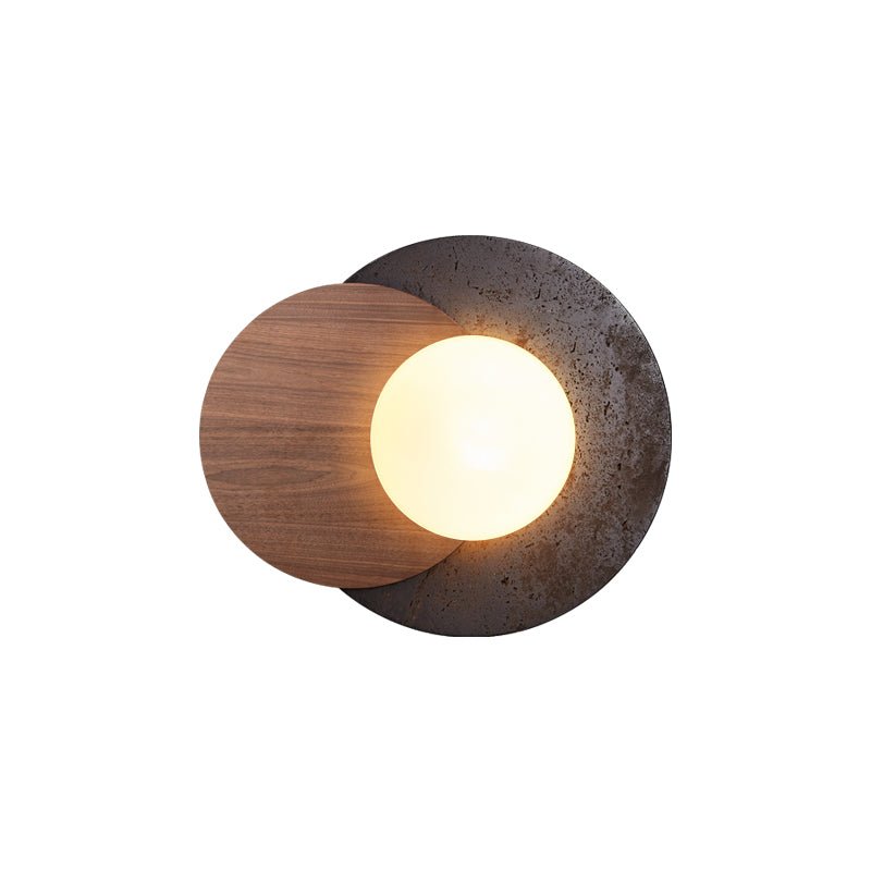 Lunar Embrace Wall Sconce — Black Travertine & Walnut with Opal Glass Globe