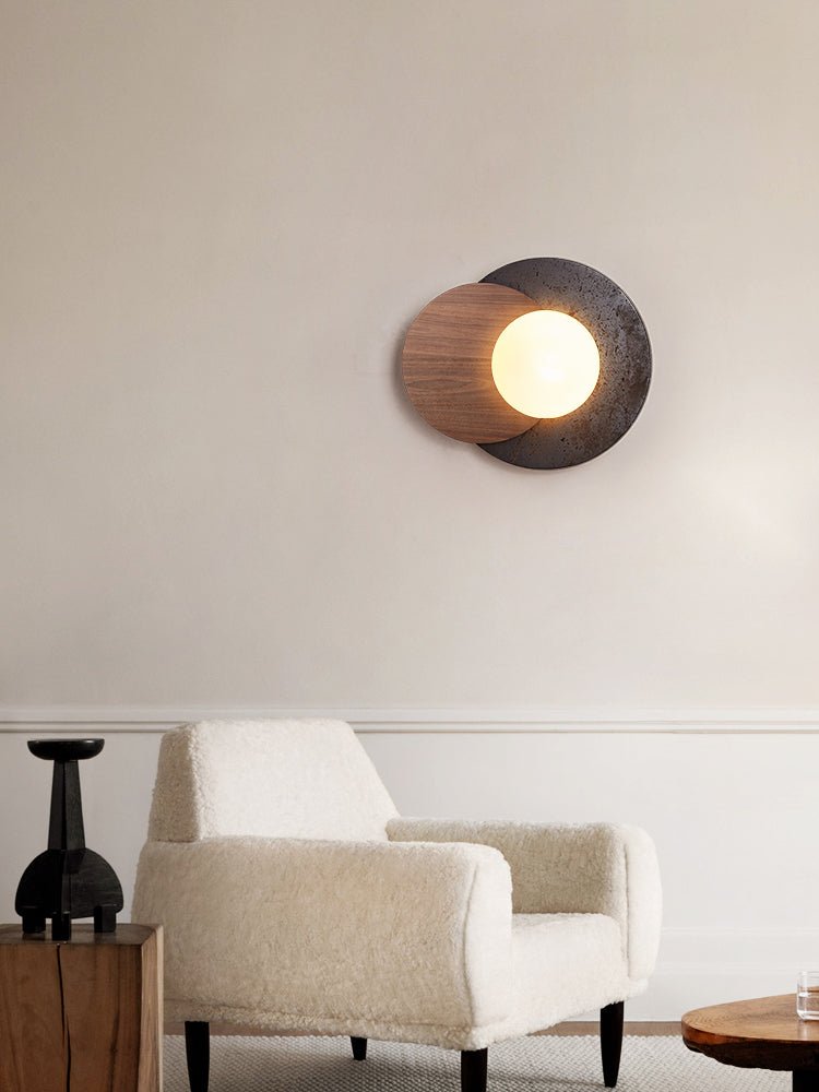 Lunar Embrace Wall Sconce — Black Travertine & Walnut with Opal Glass Globe