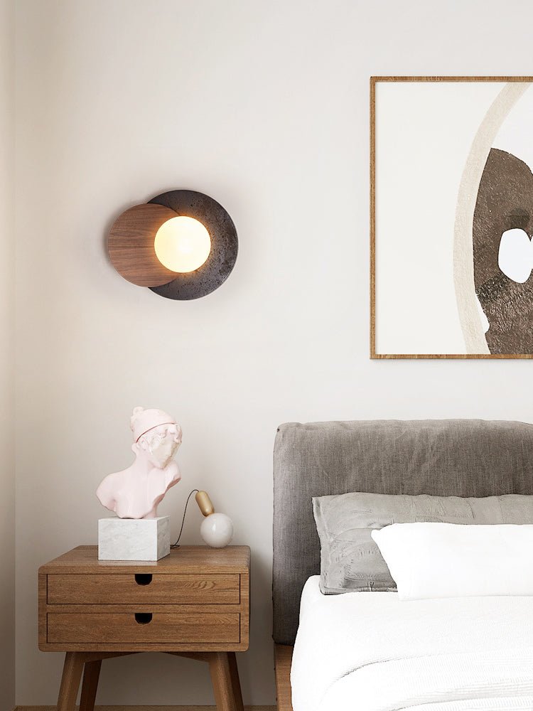 Lunar Embrace Wall Sconce — Black Travertine & Walnut with Opal Glass Globe