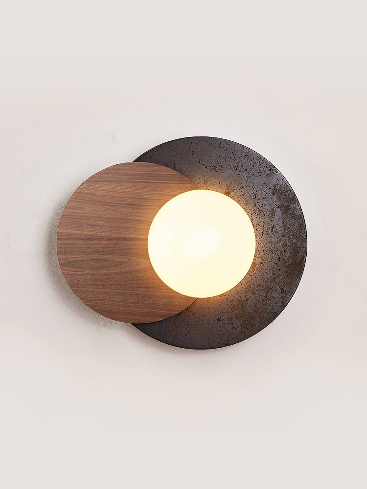 Lunar Embrace Wall Sconce — Black Travertine & Walnut with Opal Glass Globe