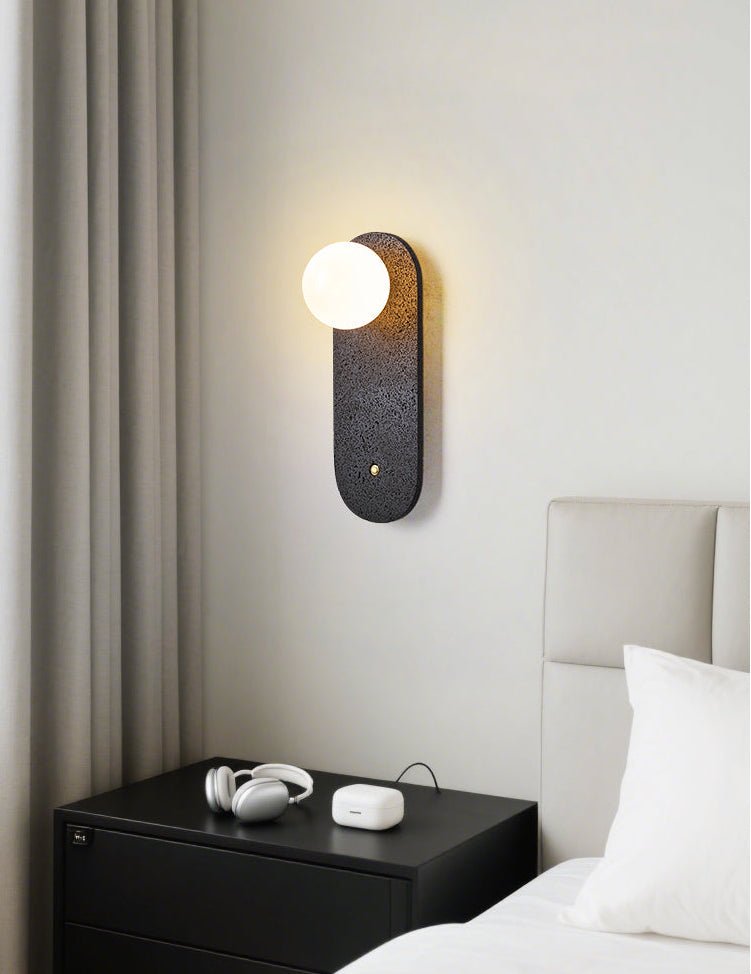 Black Travertine Wall Sconce with White Glass Shade