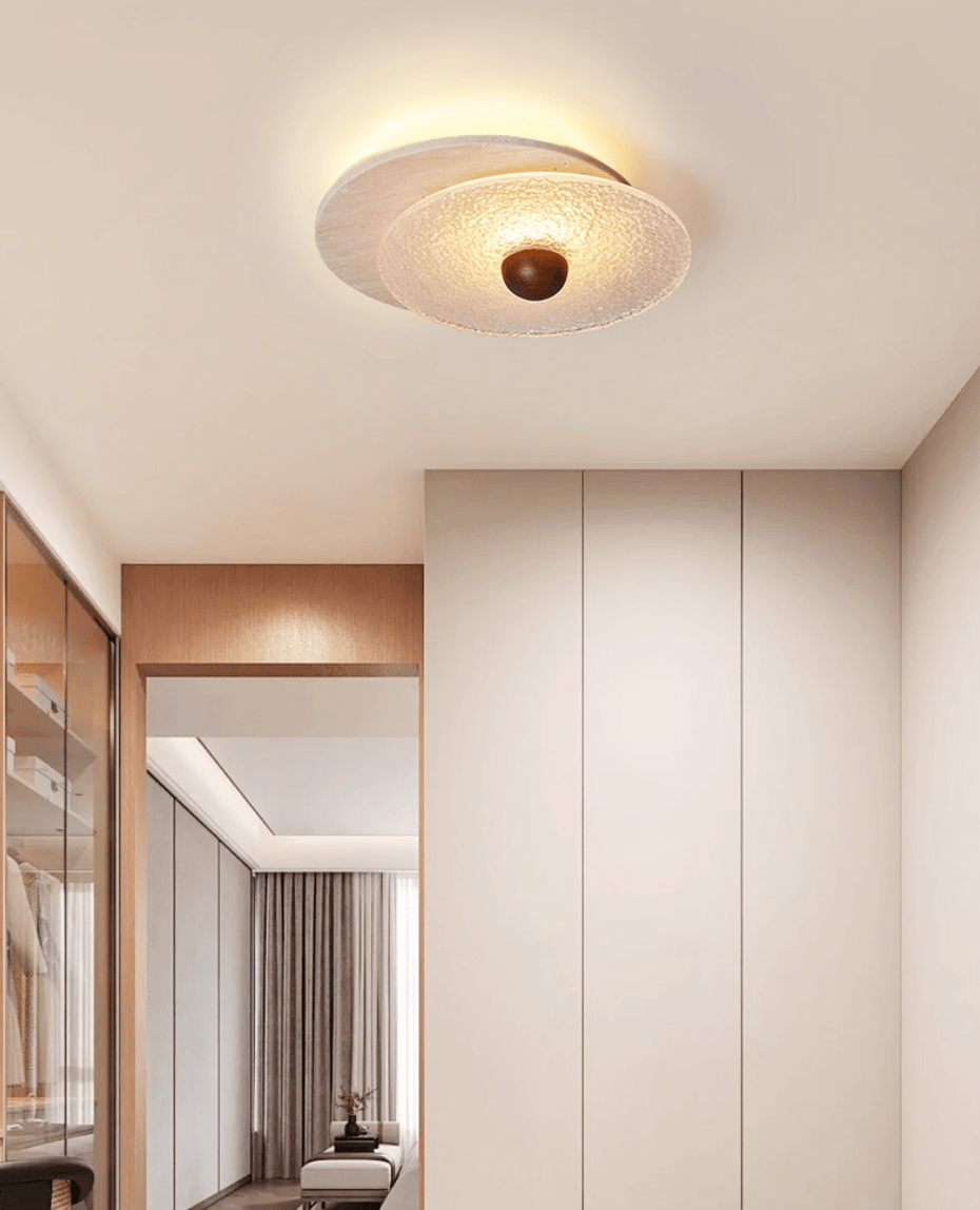 Lunar Ripple Flush Mount Ceiling Light in Travertine and Glass