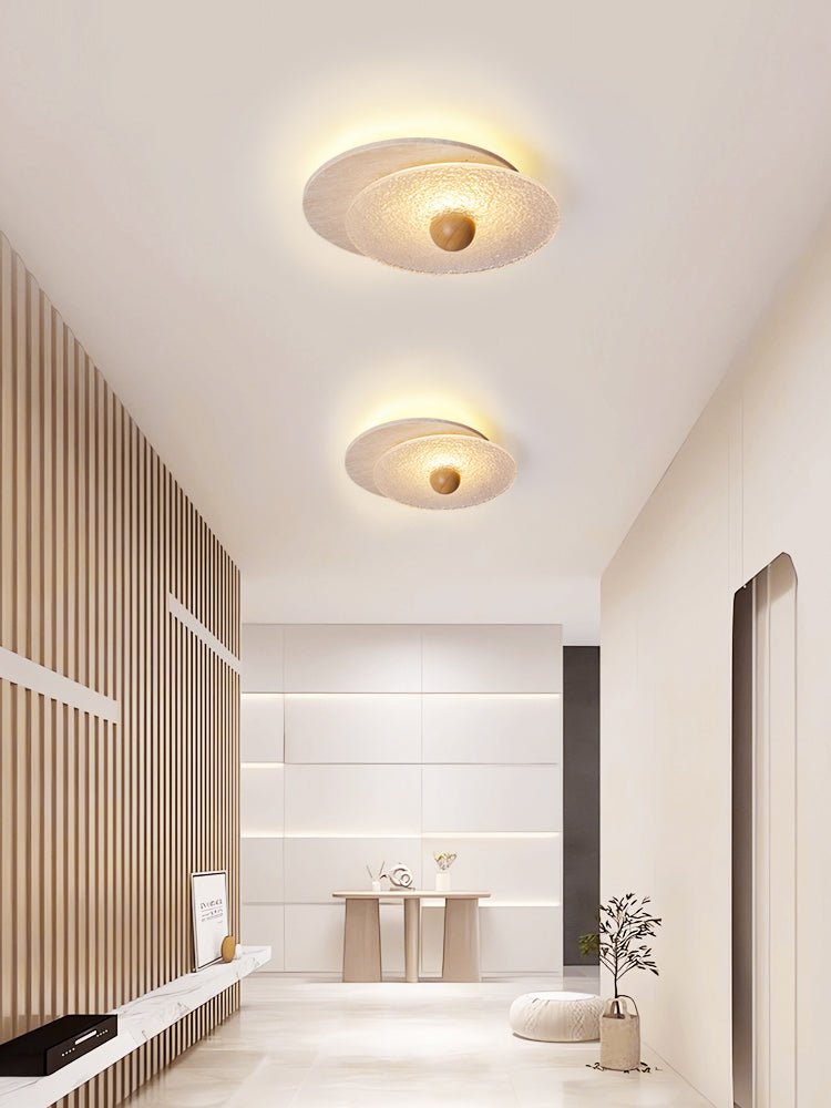 Lunar Ripple Flush Mount Ceiling Light in Travertine and Glass
