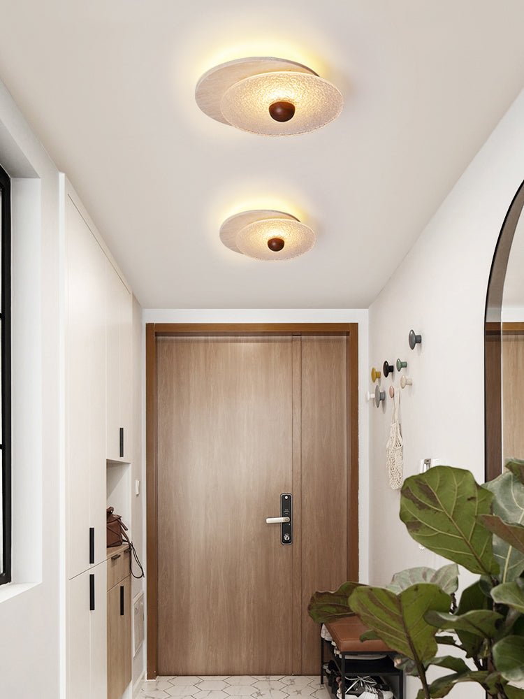 Lunar Ripple Flush Mount Ceiling Light in Travertine and Glass