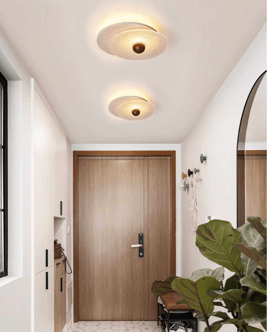 Lunar Ripple Flush Mount Ceiling Light in Travertine and Glass