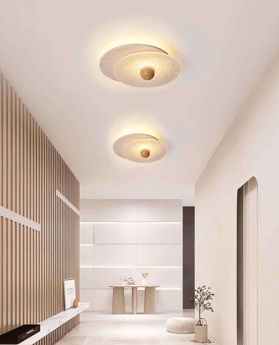 Lunar Ripple Flush Mount Ceiling Light in Travertine and Glass