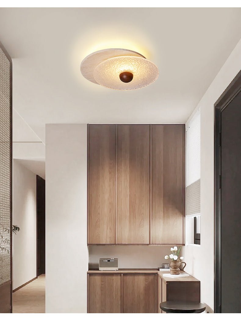 Lunar Ripple Flush Mount Ceiling Light in Travertine and Glass