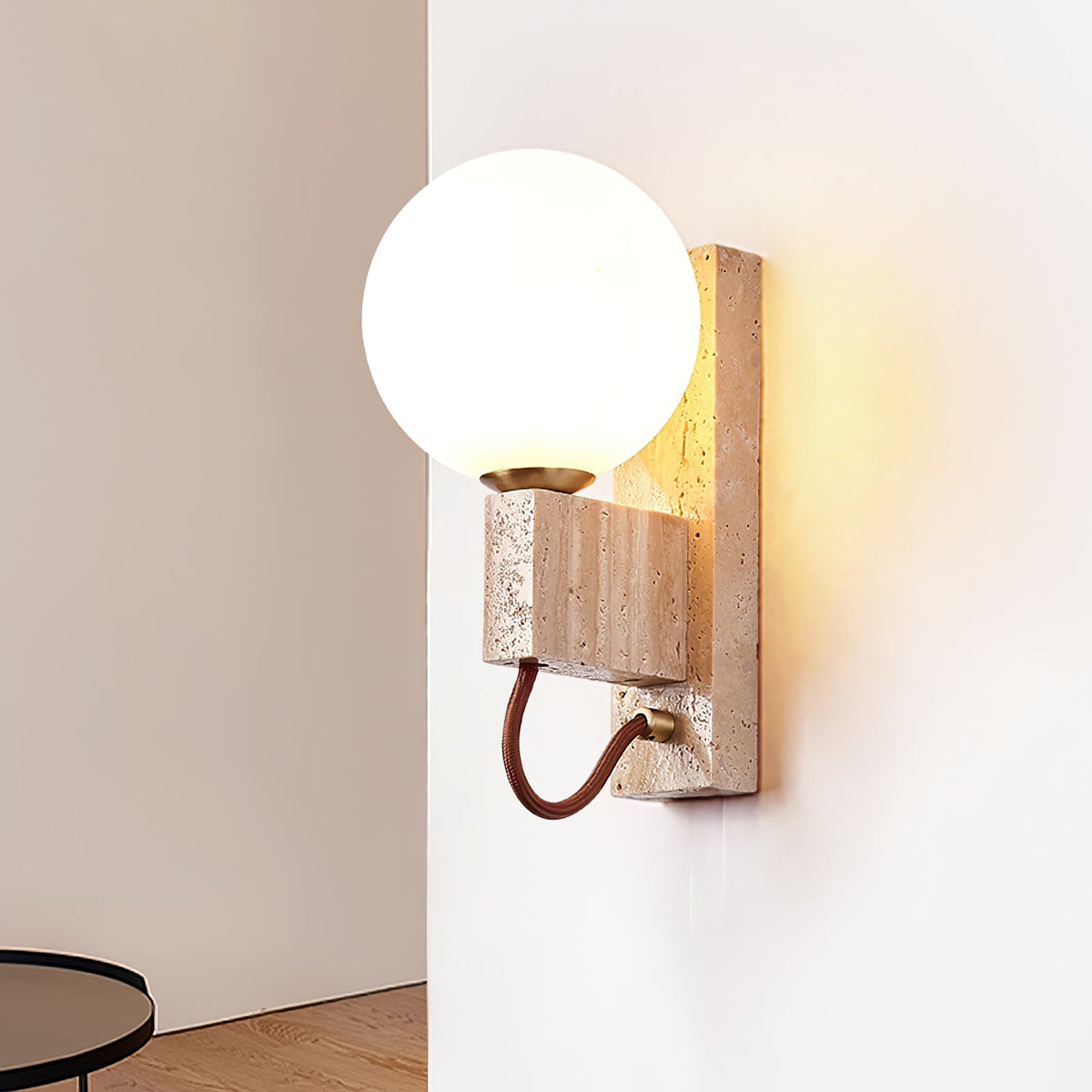 Lunar Travertine Wall Sconce with Opal Glass Globe