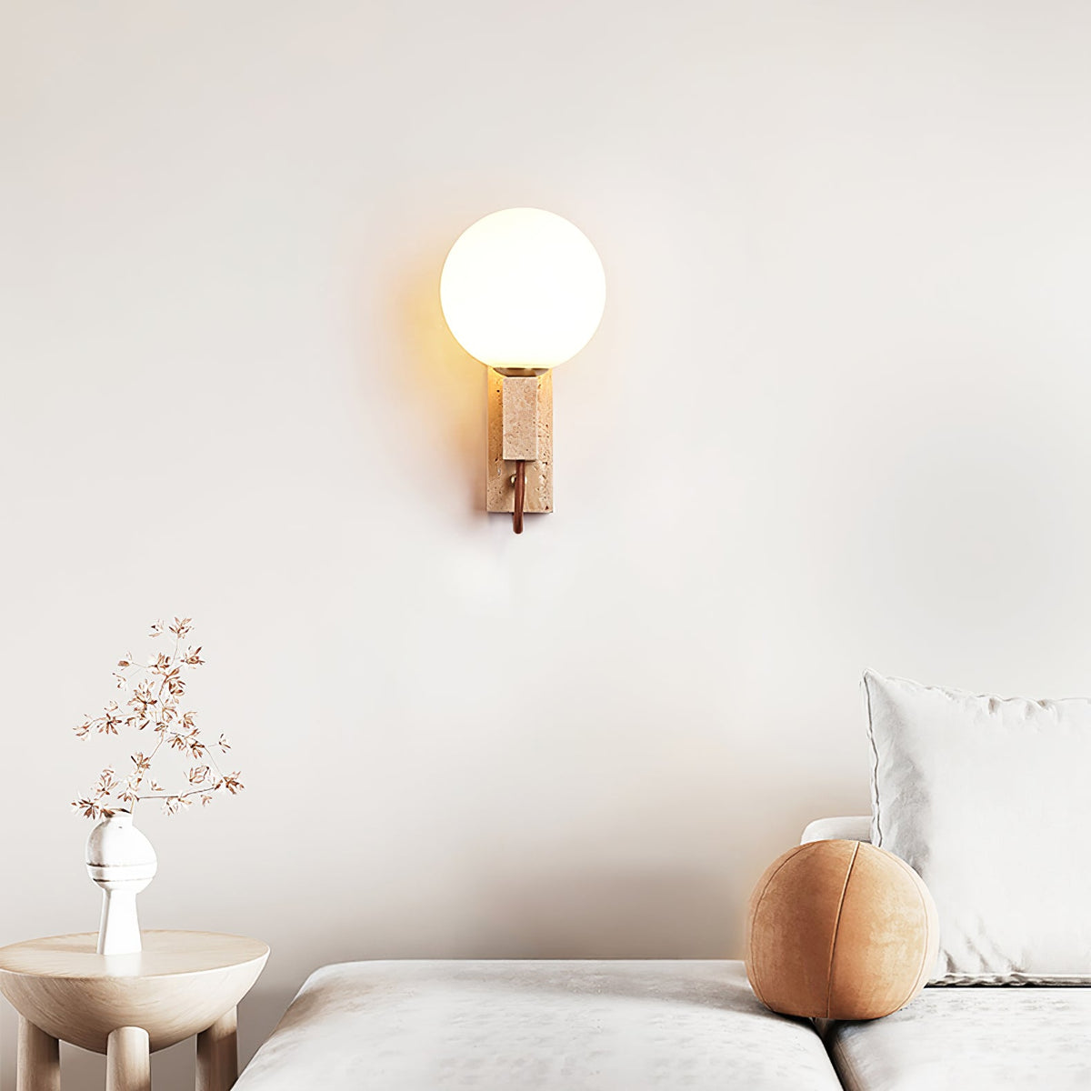 Lunar Travertine Wall Sconce with Opal Glass Globe