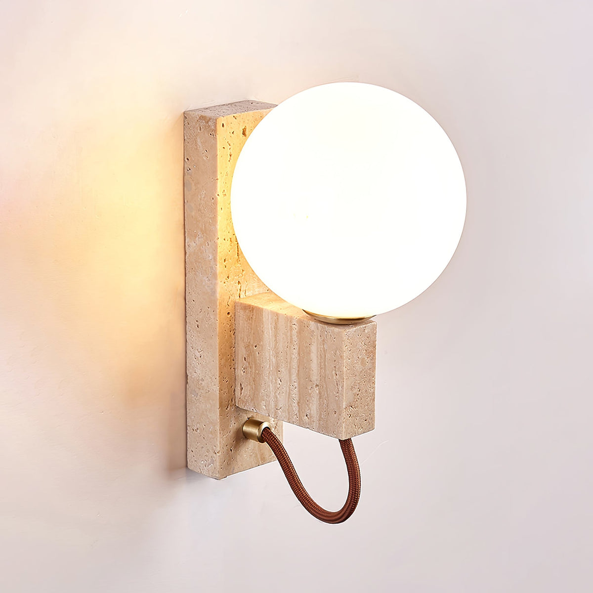Lunar Travertine Wall Sconce with Opal Glass Globe