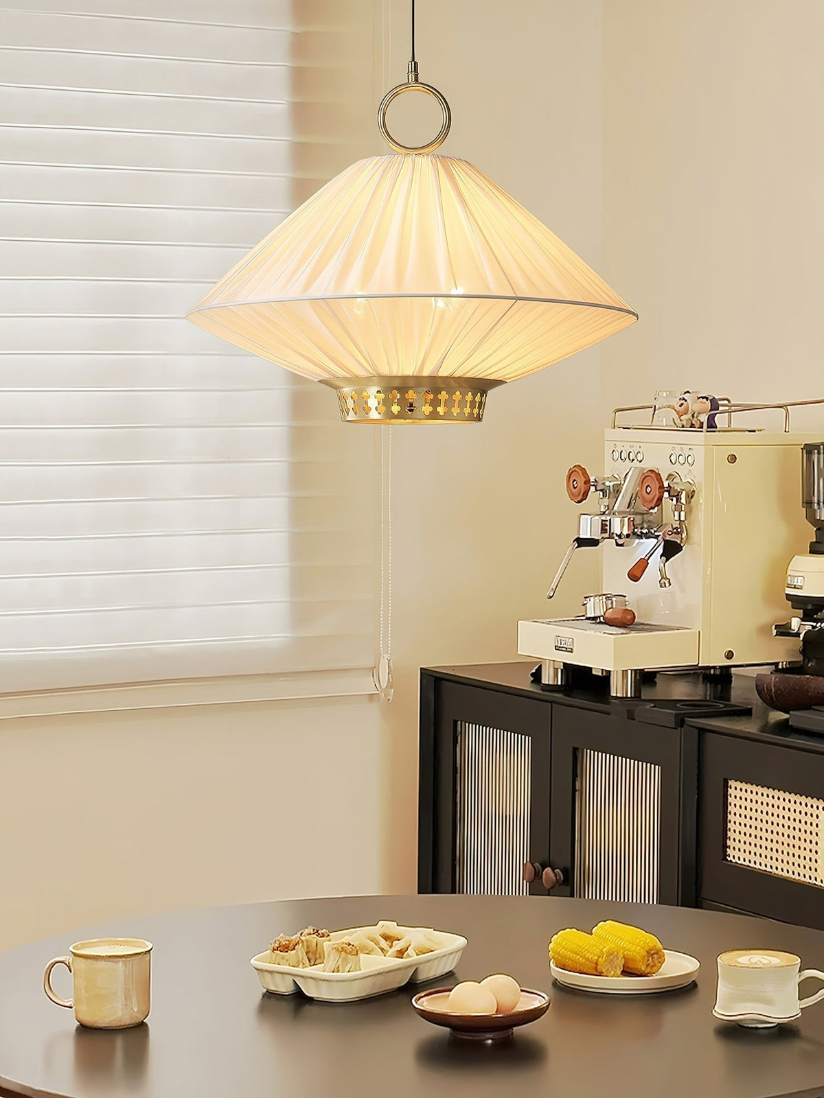 Lunara Pendant Light – Pleated Fabric Shade with Gold Accents