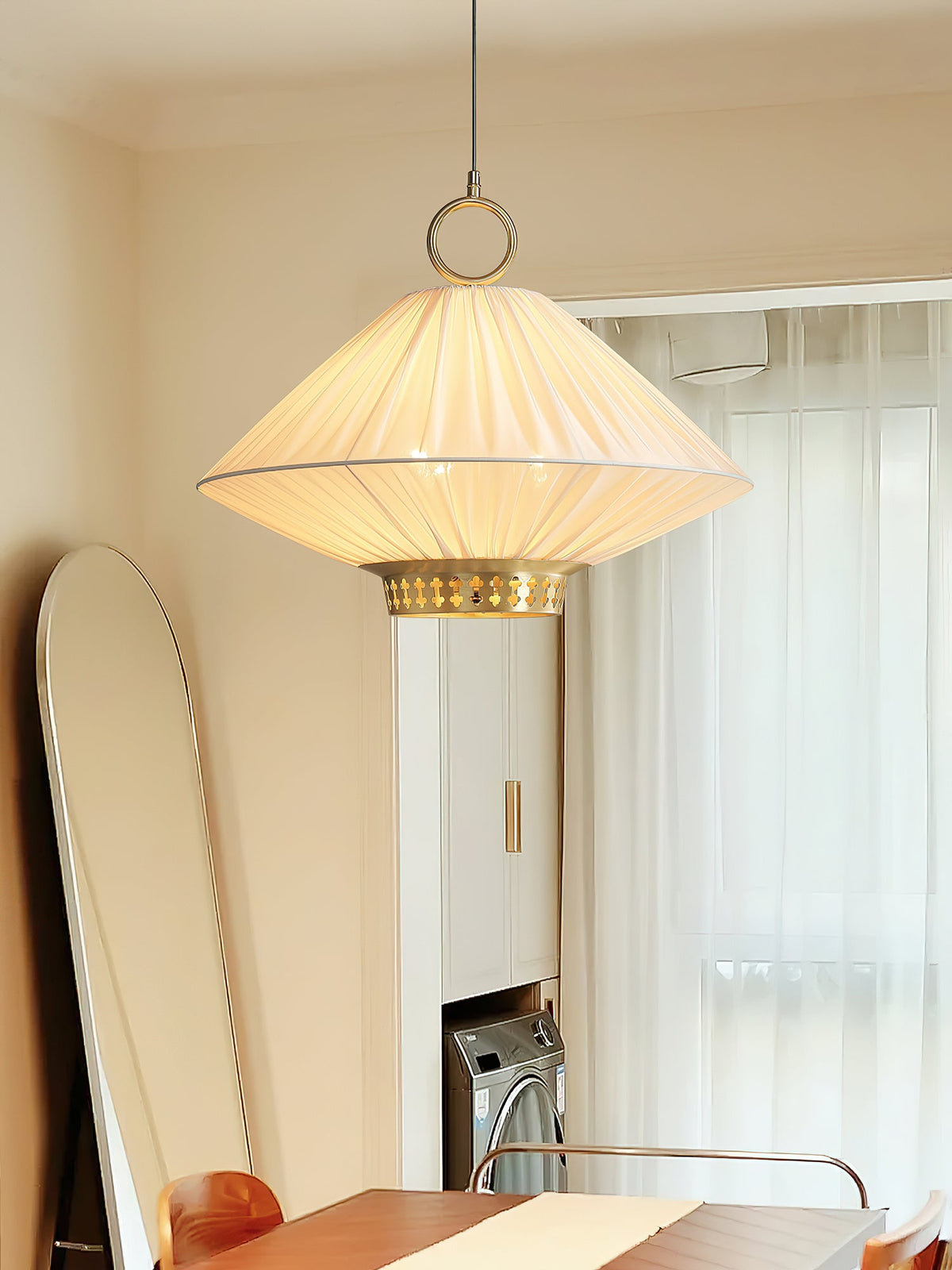 Lunara Pendant Light – Pleated Fabric Shade with Gold Accents